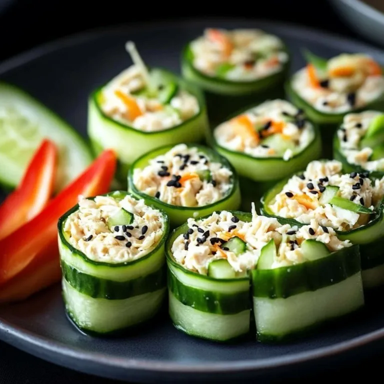 Chicken salad cucumber roll ups served on a plate, a healthy snack option.