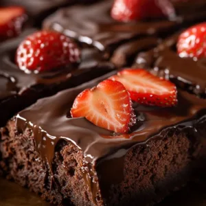 Delicious chocolate covered strawberry brownies on a decorative plate