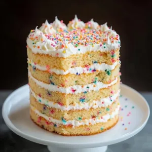 Delicious slice of Coconut Confetti Cake with colorful sprinkles on top