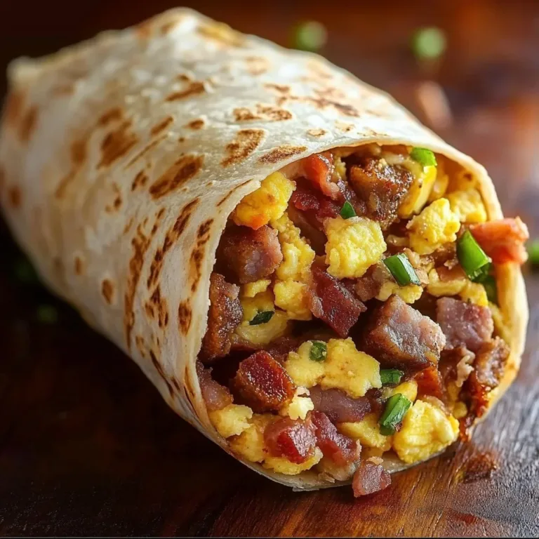 Delicious Cowboy Breakfast Burrito filled with eggs, bacon, and potatoes.