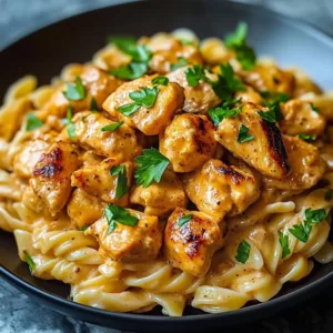 Delicious Cowboy Butter Chicken Linguine plated with herbs and spices