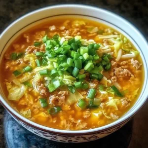 Bowl of cozy egg roll soup with green onions and ginger