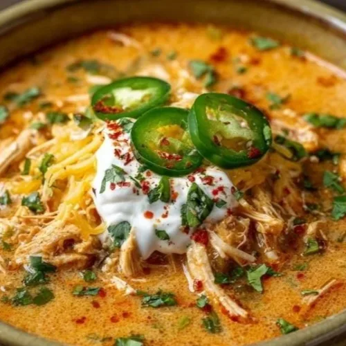 Bowl of creamy chicken enchilada soup topped with cheese and cilantro