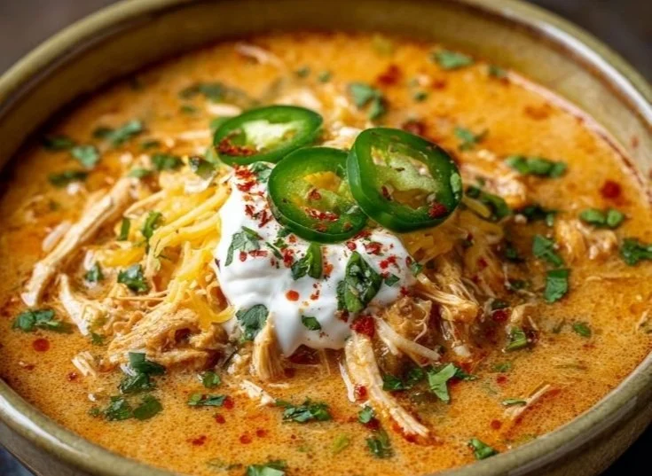 Bowl of creamy chicken enchilada soup topped with cheese and cilantro