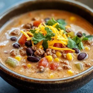 Bowl of creamy Cowboy Soup garnished with herbs and served with bread.