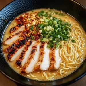 Bowl of creamy garlic chicken ramen with green onions and garlic garnishes