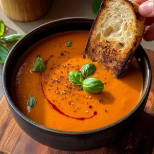 Bowl of creamy tomato soup served with a grilled cheese sandwich.