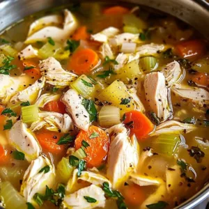 Bowl of easy homemade chicken soup with vegetables and herbs