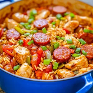 A colorful bowl of easy one pot jambalaya with shrimp, sausage, and veggies.
