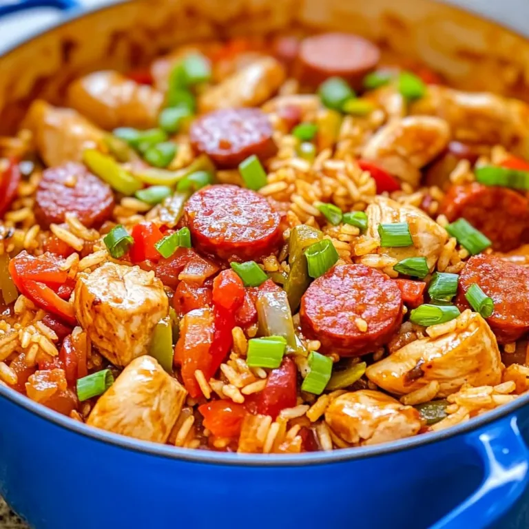 A colorful bowl of easy one pot jambalaya with shrimp, sausage, and veggies.