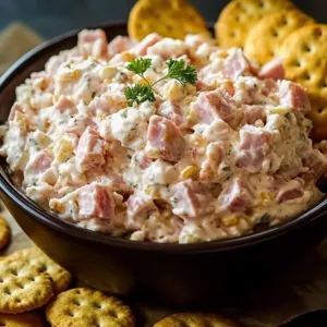 Delicious homemade ham salad served in a bowl with fresh ingredients