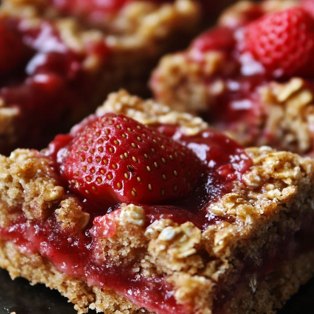 Healthy strawberry oatmeal bars stacked on a plate with fresh strawberries