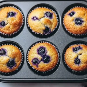 Freshly baked hearty blueberry protein muffins on a wooden table