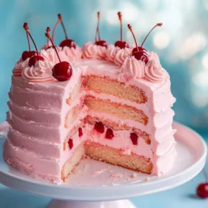 Delicious homemade cherry chip cake topped with cherries and chocolate chips.