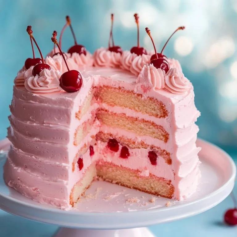 Delicious homemade cherry chip cake topped with cherries and chocolate chips.