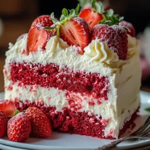 Delicious strawberry earthquake cake with a creamy filling and vibrant strawberries