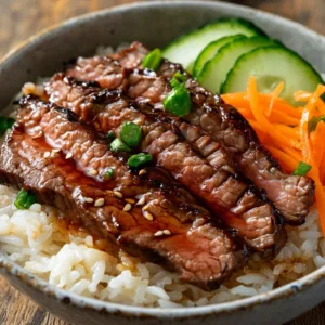 Korean BBQ steak rice bowl with spicy cream sauce and vegetables