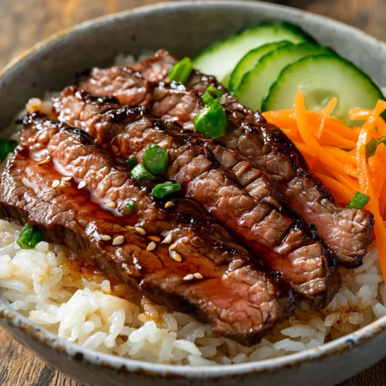 Korean BBQ steak rice bowl with spicy cream sauce and vegetables