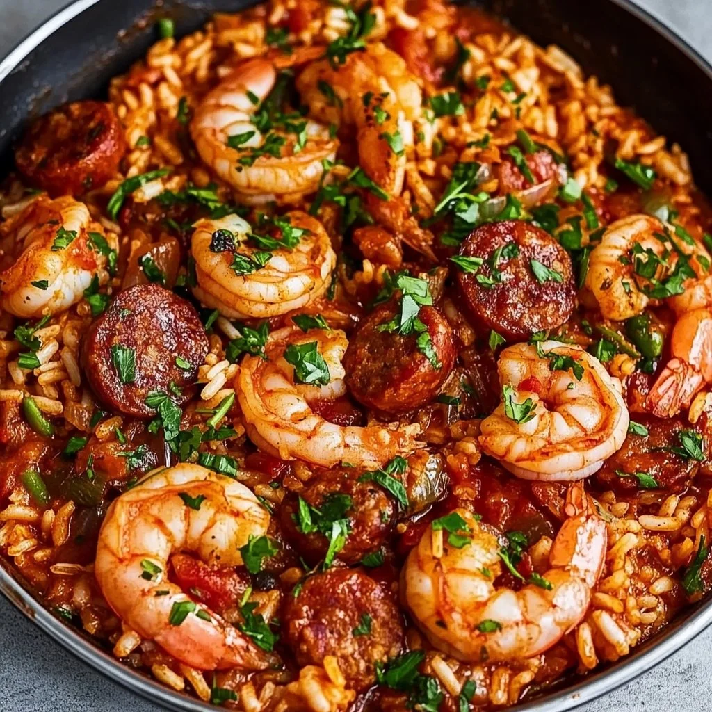 Delicious plate of Jambalaya Recipe with shrimp, sausage, and vegetables.