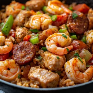 Delicious plate of Jambalaya with shrimp, sausage, and rice garnished with parsley.