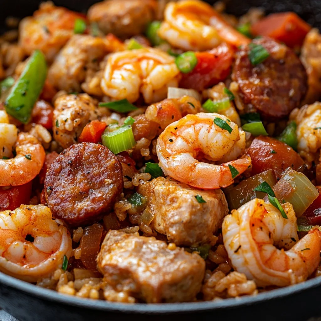 Delicious plate of Jambalaya Recipe with shrimp, sausage, and rice garnished with parsley.