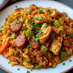 Jambalaya with chicken, turkey sausage, and vibrant vegetables in a colorful dish.