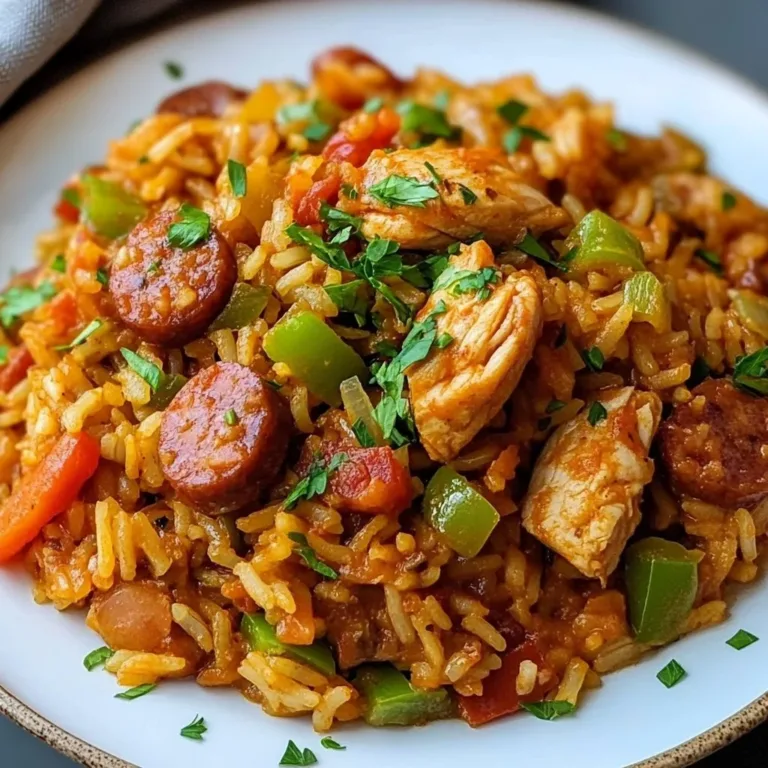 Jambalaya with chicken, turkey sausage, and vibrant vegetables in a colorful dish.