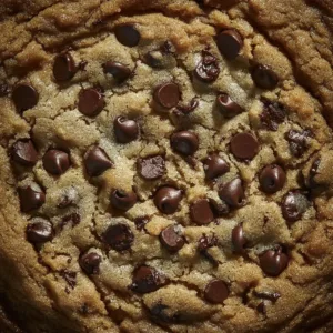 Freshly baked jumbo chocolate chip cookies with melted chocolate chips