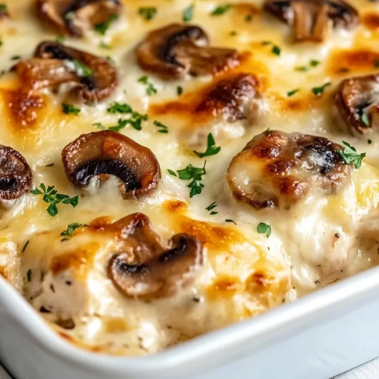 Delicious Keto Garlic Mushroom Chicken Casserole served in a dish