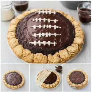 Peanut Butter Cup Football Cookie Cake topped with chocolate and peanut butter for a festive treat.