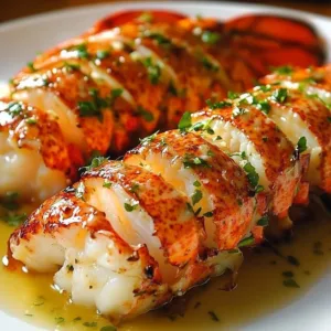 Delicious broiled lobster tails topped with lemon garlic butter on a plate