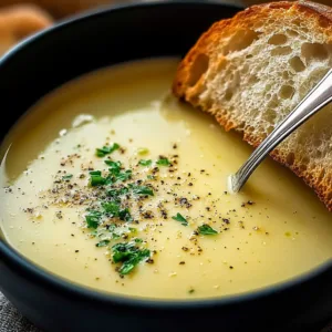 Bowl of rustic country French style garlic soup garnished with herbs