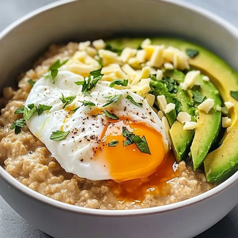 Savory avocado oatmeal topped with spices and herbs in a bowl.