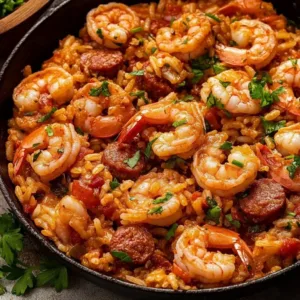 Delicious Shrimp and Sausage Jambalaya in a colorful bowl