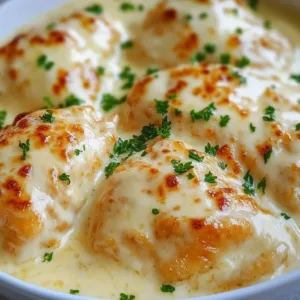 Smothered cheesy sour cream chicken served with garnish.