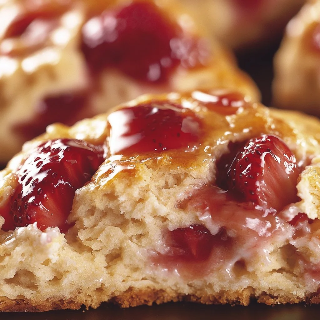 Freshly baked strawberries and cream scones on a plate with strawberries