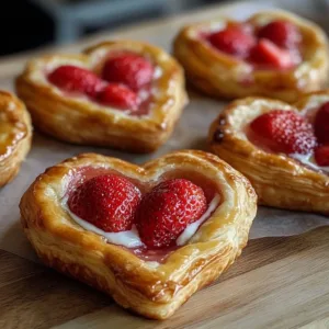 Heart-shaped strawberry cream cheese danishes on a baking tray.