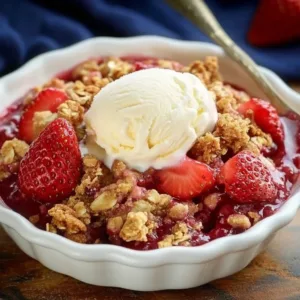 Freshly baked strawberry crisp with a golden crumble topping
