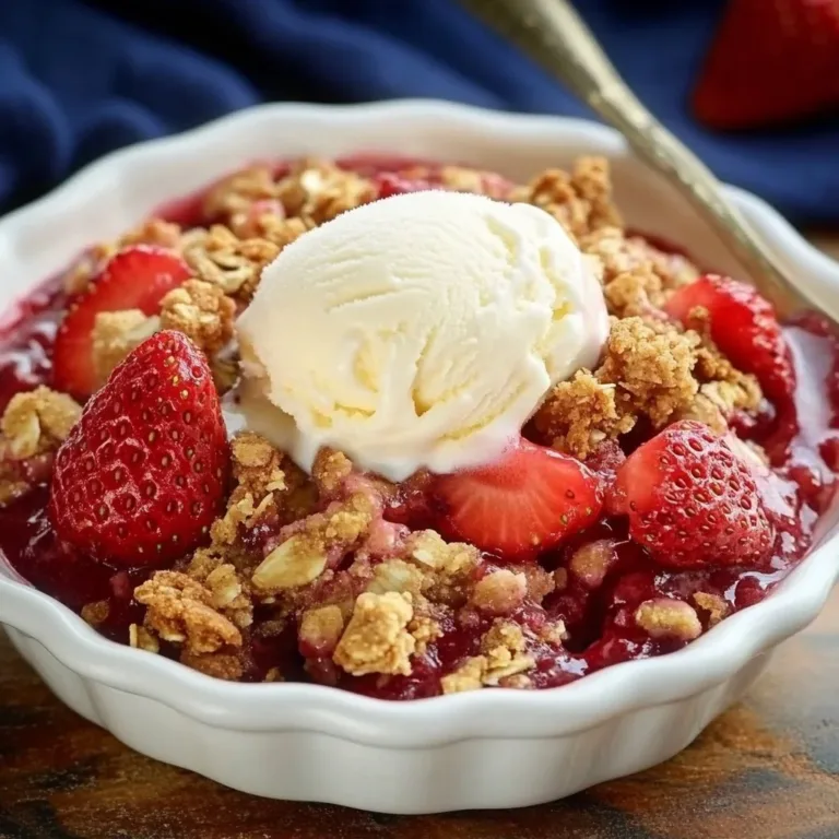 Freshly baked strawberry crisp with a golden crumble topping