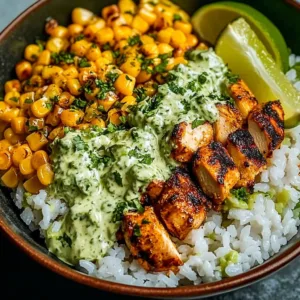 Delicious Street Corn Chicken Rice Bowl with corn, chicken, and rice