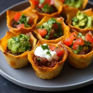 Delicious taco cups served on a platter with toppings and garnishes