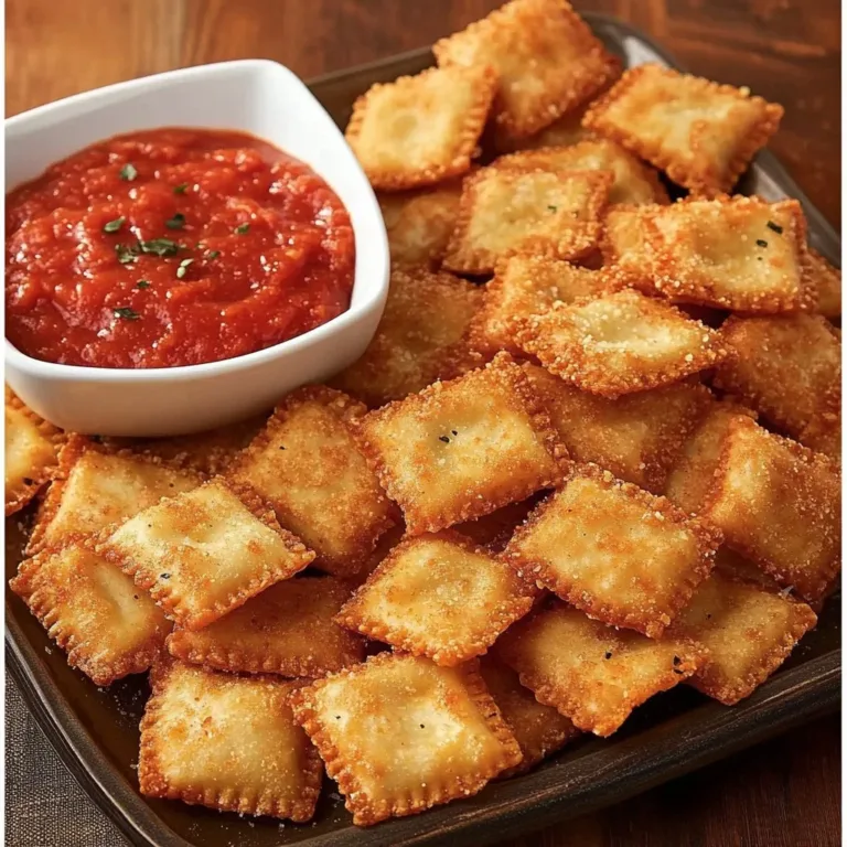 Plate of crispy toasted ravioli bites served with marinara sauce.