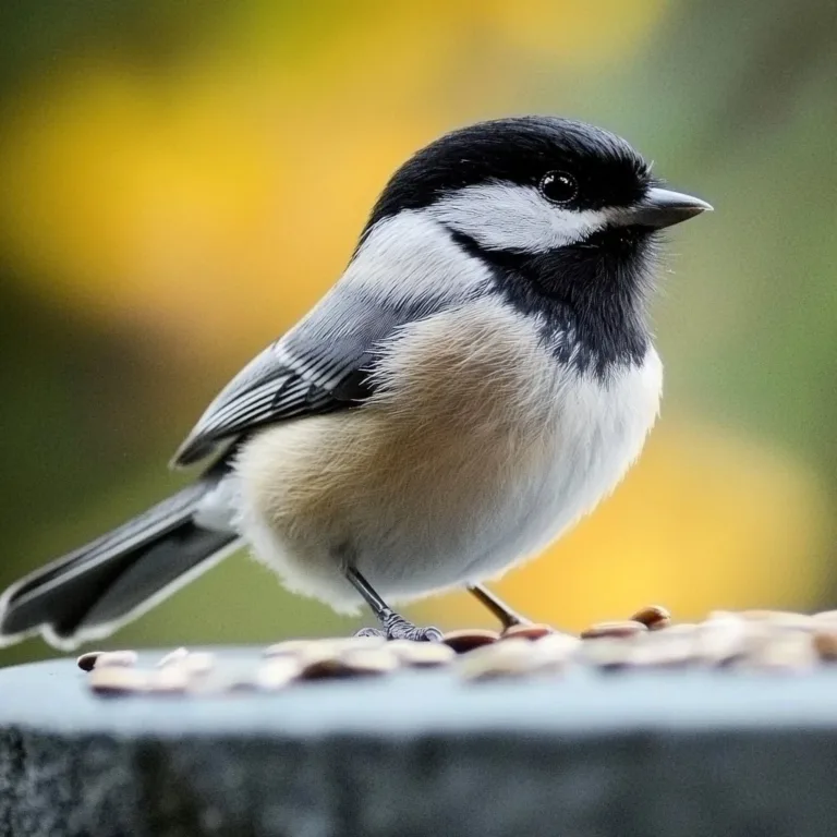 Chickadees eating various bird food in a backyard setting.