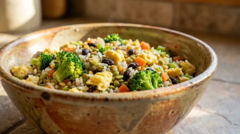 Bowl of lean boy kibble recipe under 400 calories with rice, beans, broccoli and scrambled eggs on kitchen counter