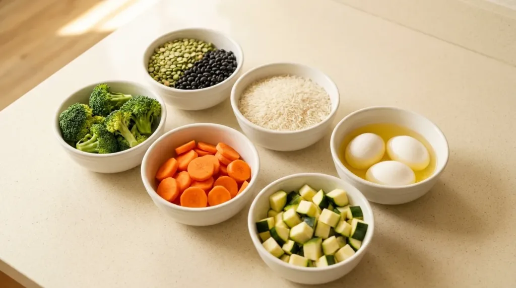 Ingredients for lean boy kibble recipe including rice, split peas, black beans, broccoli and eggs on white surface