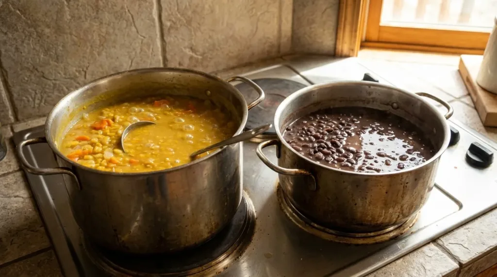 Split peas and black beans simmering in pot for human kibble recipe high protein meal prep