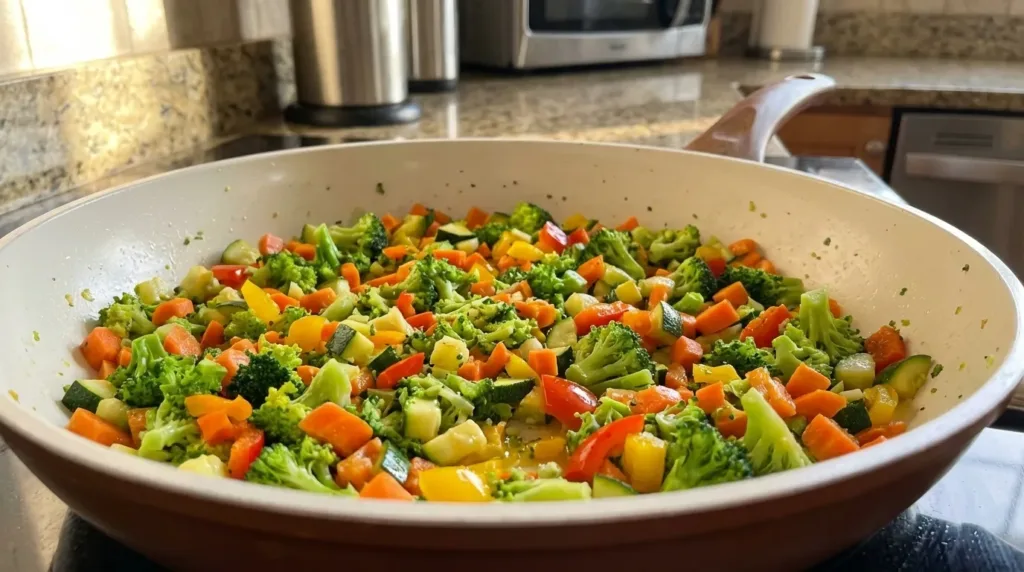 Finely chopped broccoli carrots and zucchini sauteed in pan for lean boy kibble under 400 calories