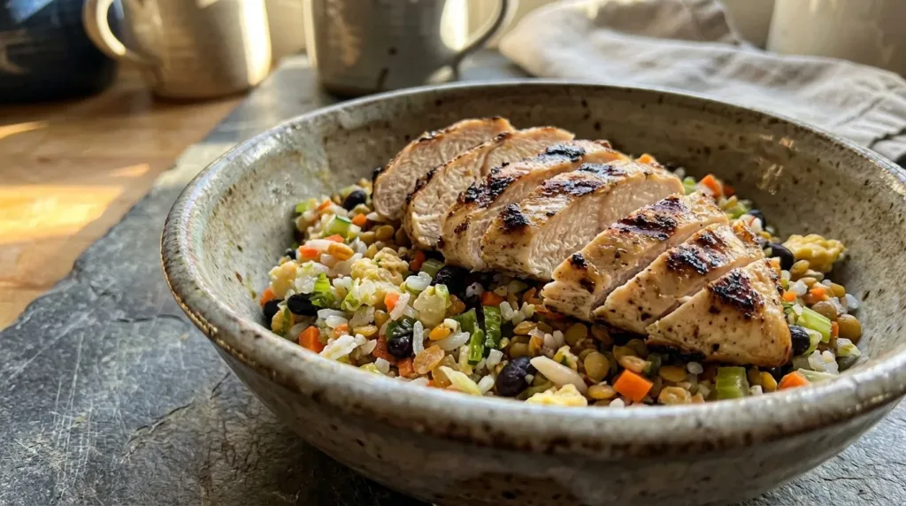 Lean boy kibble recipe bowl topped with sliced chicken breast high protein meal under 550 calories