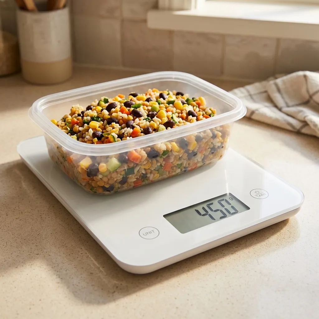 Kitchen scale weighing portion of lean boy kibble recipe for accurate calorie tracking under 400 calories
