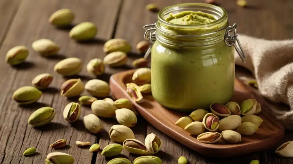 Jar of pistachio butter with fresh pistachios on a wooden table